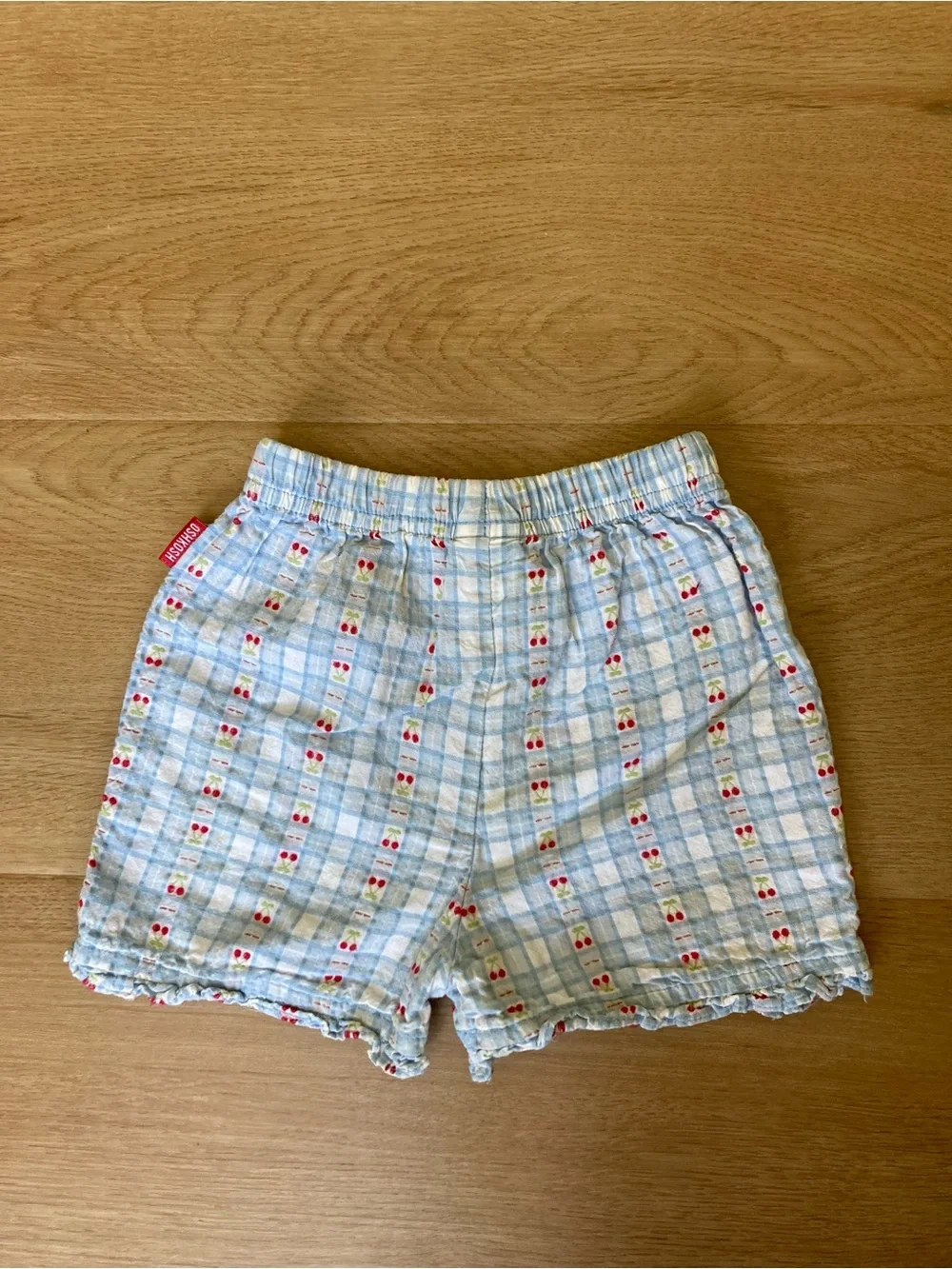 Vintage OshKosh Light Blue Gingham Shorts with Red Cherry Print